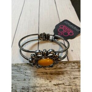 Paparazzi Floral Silver Tone Hinged Bracelet with Yellow Centerpiece